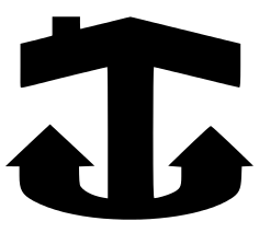 A black silhouette of a structure resembling a deconstructed house with upward arrows, symbolizing growth or expansion.